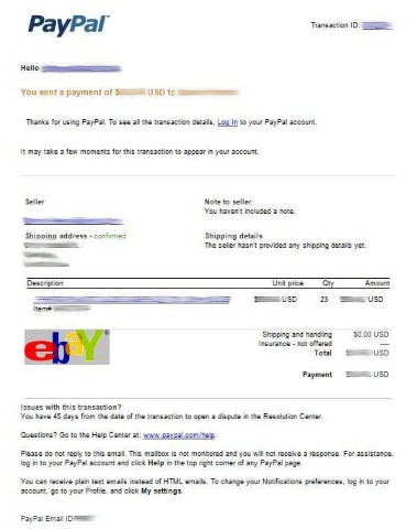 Sample screenshot of a bogus PayPal e-mail message